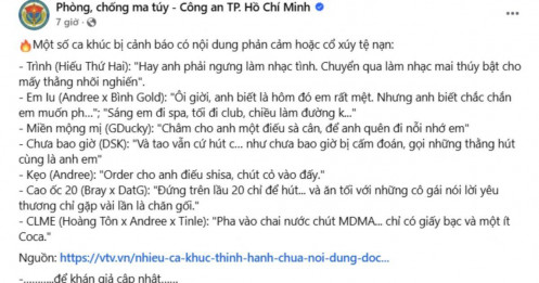 Trang thông tin Phòng, chống ma túy - Công an TP. Hồ Chí Minh nhắc tên HIEUTHUHAI, B Ray và rất nhiều rapper khác