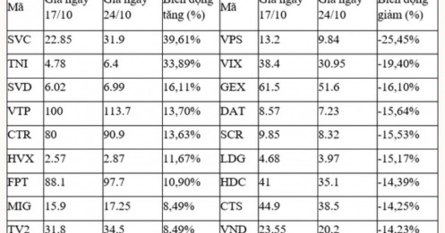 10 cổ phiếu tăng/giảm mạnh nhất sàn HoSE tuần 17-24/10