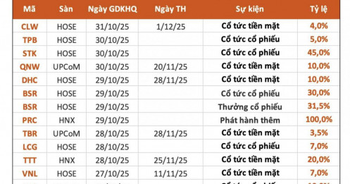 Lịch chốt quyền trả cổ tức bằng tiền của 6 doanh nghiệp tuần tới