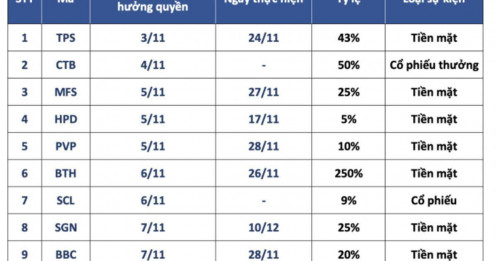 9 DN chốt quyền trả cổ tức tuần đầu tháng 11
