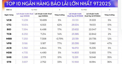 10 ngân hàng báo lãi lớn nhất 9 tháng năm 2025