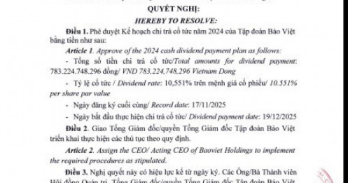 Tập đoàn Bảo Việt sắp chi hơn 780 tỷ đồng trả cổ tức năm 2024