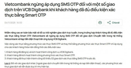 Vietcombank sẽ ngừng gửi mã OTP qua tin nhắn SMS cho những khách hàng sau