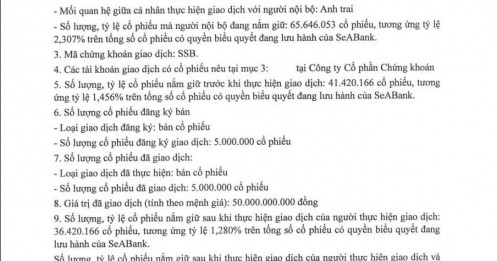 Con trai bà Nguyễn Thị Nga bán thành công 5 triệu cổ phiếu SSB