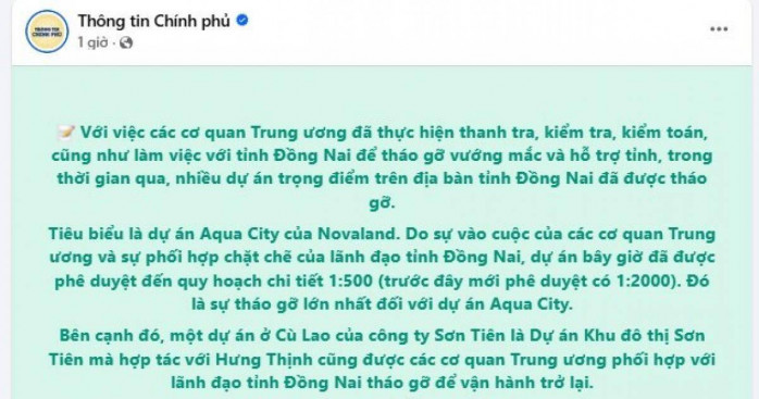 Chính phủ thông tin về bước tháo gỡ vướng mắc quan trọng tại dự án 'sống còn' Aqua City của Novaland