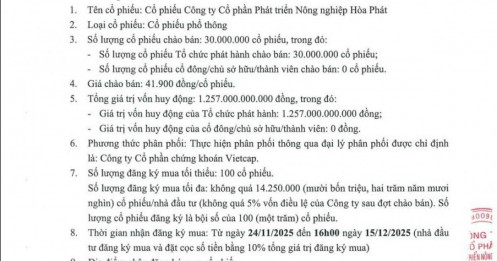 Nông nghiệp Hoà Phát chốt giá IPO 41.900 đồng/cp