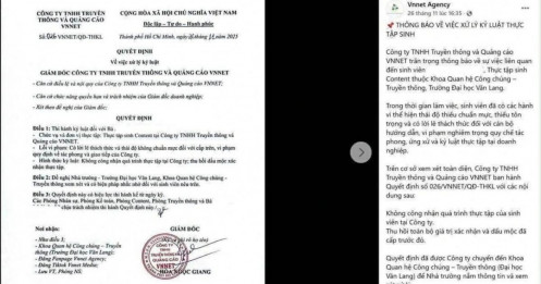 Công ty đăng tải công khai quyết định kỷ luật nữ sinh thực tập có trụ sở tại TPHCM, vốn điều lệ 100 triệu đồng, giám đốc sinh năm 2001