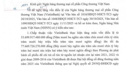 VietinBank được NHNN chấp thuận tăng vốn lên hơn 77.000 tỷ đồng