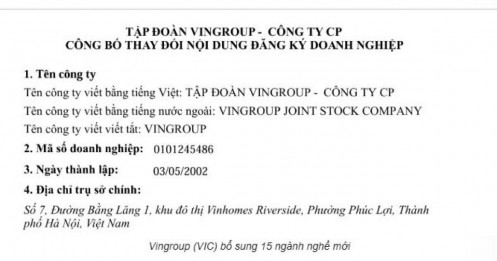 Vingroup (VIC) bổ sung 15 ngành nghề mới