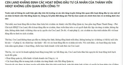 Cen Land khẳng định các hoạt động đầu tư cá nhân của thành viên HĐQT không liên quan đến công ty