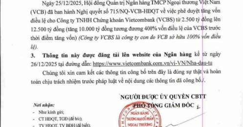 Vietcombank (VCB) bơm thêm 10.000 tỷ đồng, nâng vốn VCBS lên 12.500 tỷ