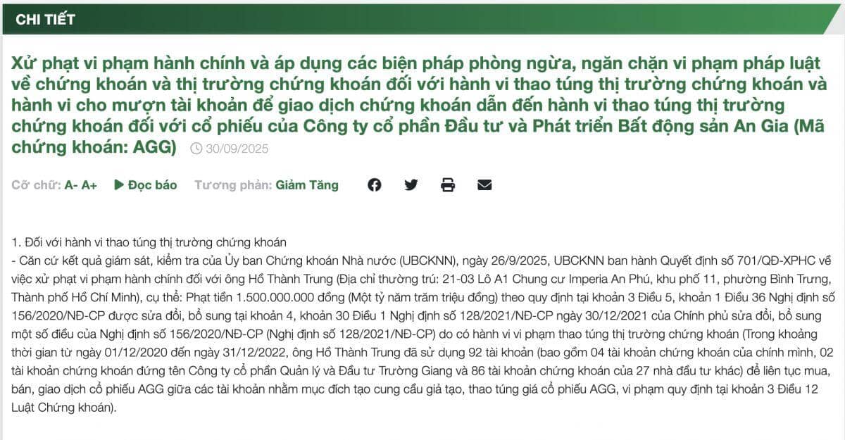 Vụ thao túng giá cổ phiếu An Gia: 'Đội lái' sử dụng 92 tài khoản gồm cả tổ chức trong hơn 2 năm, xử phạt 4,5 tỷ đồng