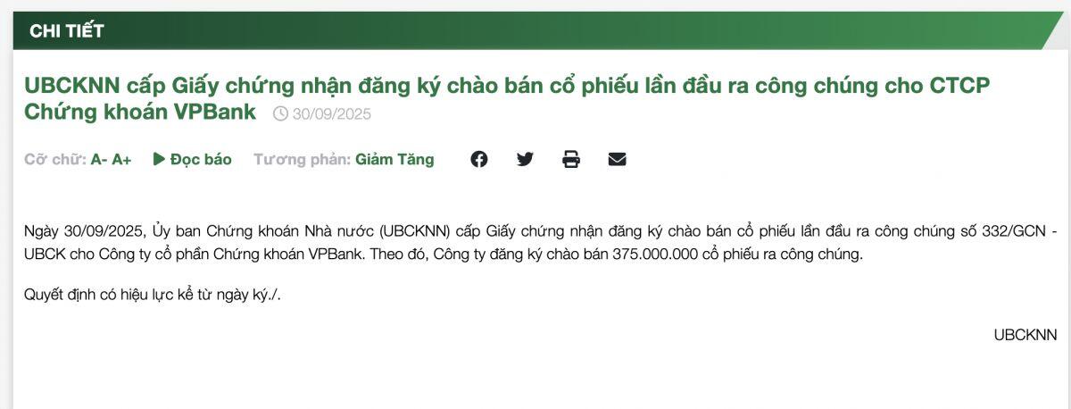 UBCKNN chấp thuận cho VPBankS IPO quy mô kỷ lục 12.700 tỷ đồng