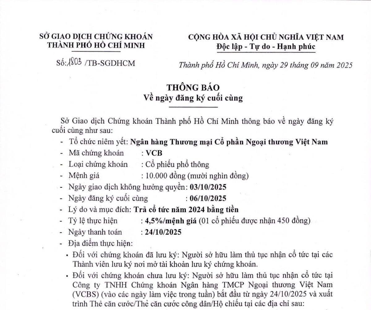 Vietcombank dự chi gần 3.800 tỷ đồng trả cổ tức năm 2024 bằng tiền