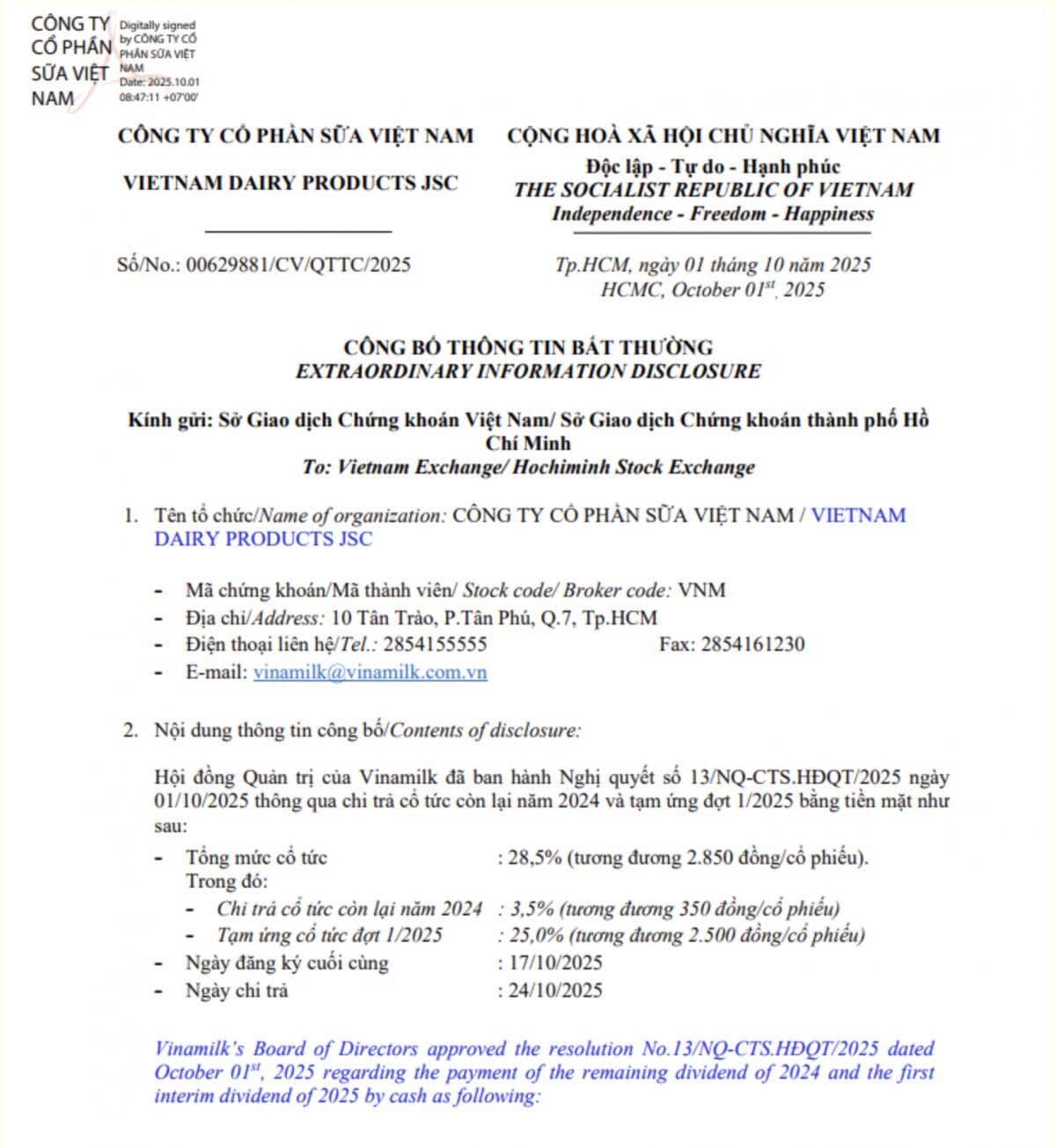 Gần 6.000 tỷ đồng sắp "chảy về túi" cổ đông VNM ngay trong tháng 10
