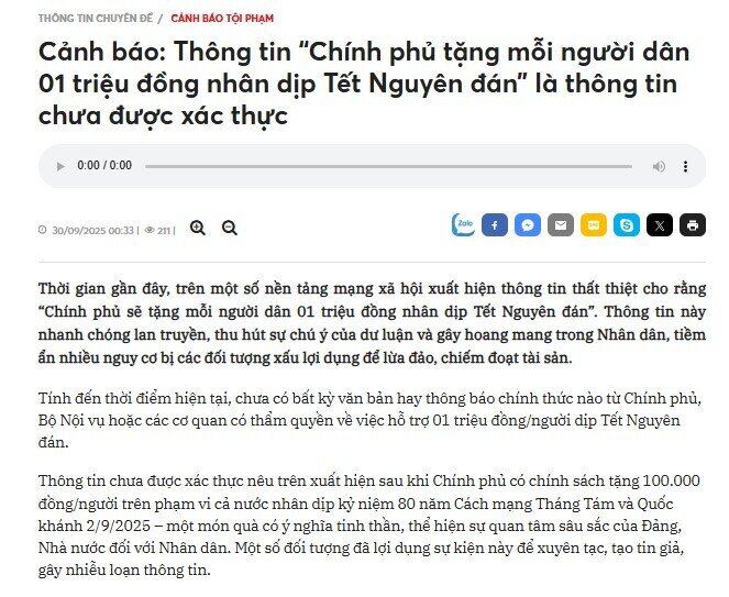 Thực hư thông tin ‘Chính phủ sẽ tặng mỗi người dân 1 triệu đồng nhân dịp Tết Nguyên đán’