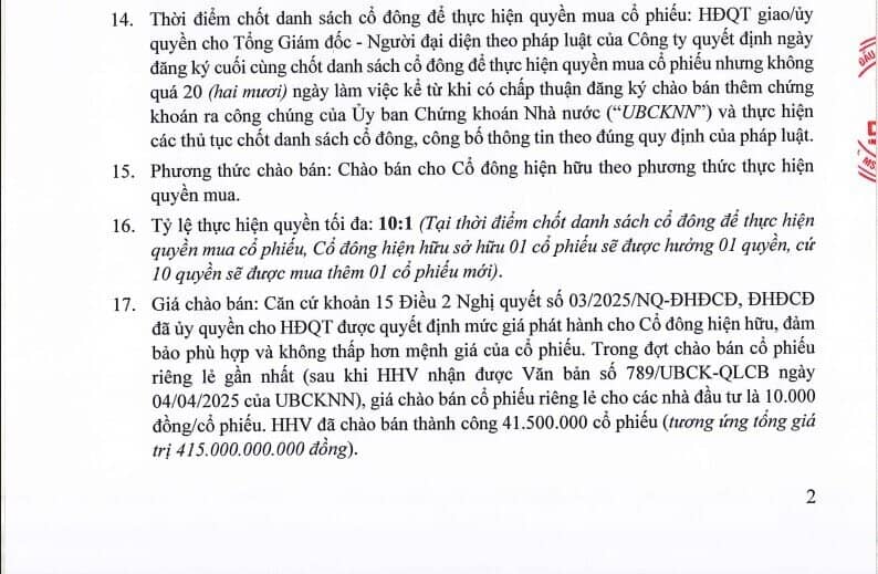 HHV chốt phương án chào bán gần 50 triệu cổ phiếu cho cổ đông