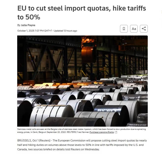 EU có thể siết hạn ngạch thép, áp thuế vượt mức lên tới 50%