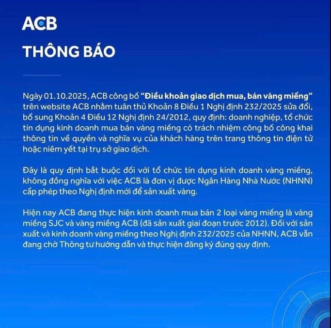 ACB nói gì về thông tin tái sản xuất vàng miếng từ 10/10?