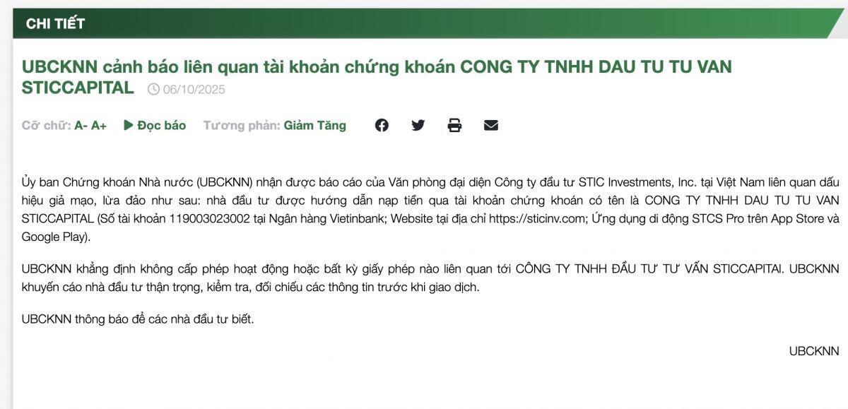 UBCKNN phát cảnh báo liên quan tài khoản chứng khoán 119003023002 mở tại VietinBank (CTG)