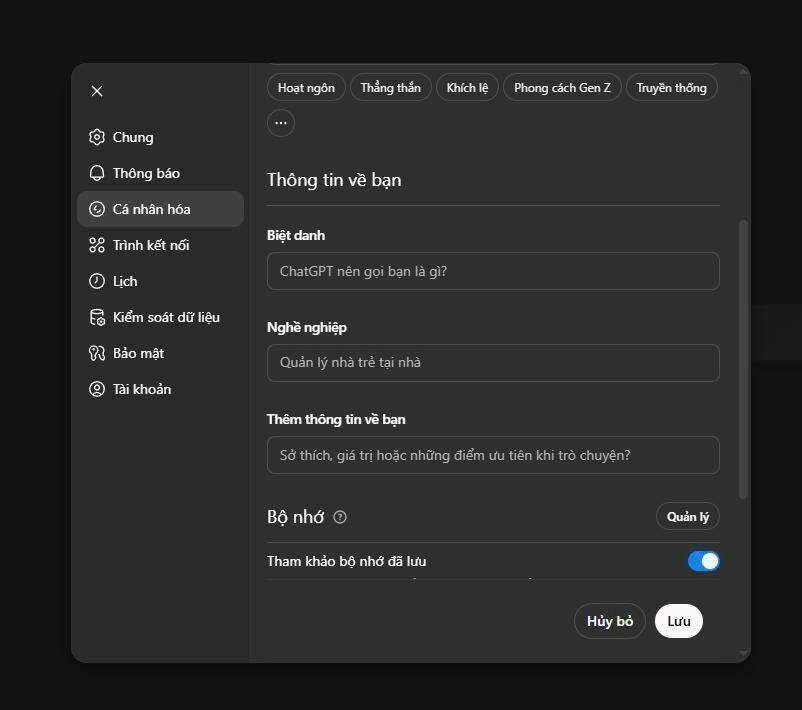Tính năng cá nhân hóa trên Chat GPT