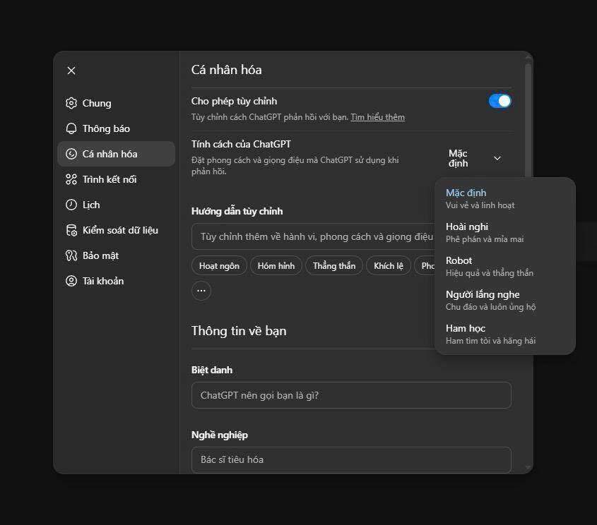 Tính năng cá nhân hóa trên Chat GPT