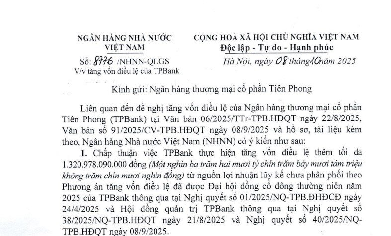 Một ngân hàng được NHNN chấp thuận tăng vốn điều lệ thêm hơn 1.300 tỷ đồng