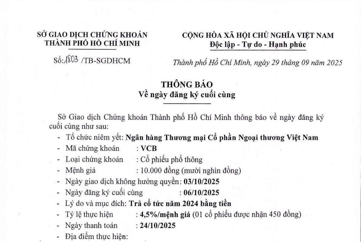 Vietcombank lăn chốt trả cổ tức bằng tiền mặt vào 24/10