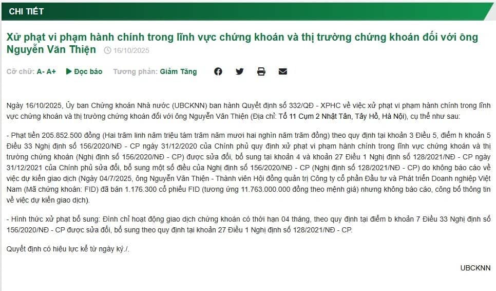 Bán “chui” 1,2 triệu cổ phiếu, lãnh đạo bị phạt tiền và đình chỉ giao dịch
