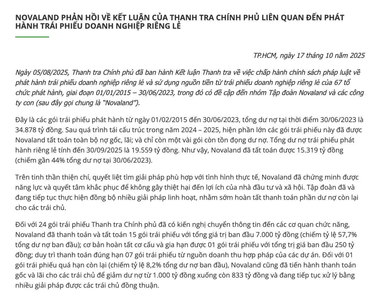 Thanh tra Chính phủ chuyển hồ sơ Novaland cho cơ quan điều tra, 'khổ chủ' lên tiếng