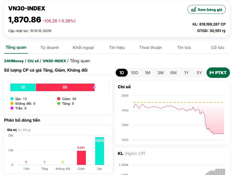 VnIndex giảm kỷ lục, VN30 lần đầu mất hơn trăm điểm trong một phiên