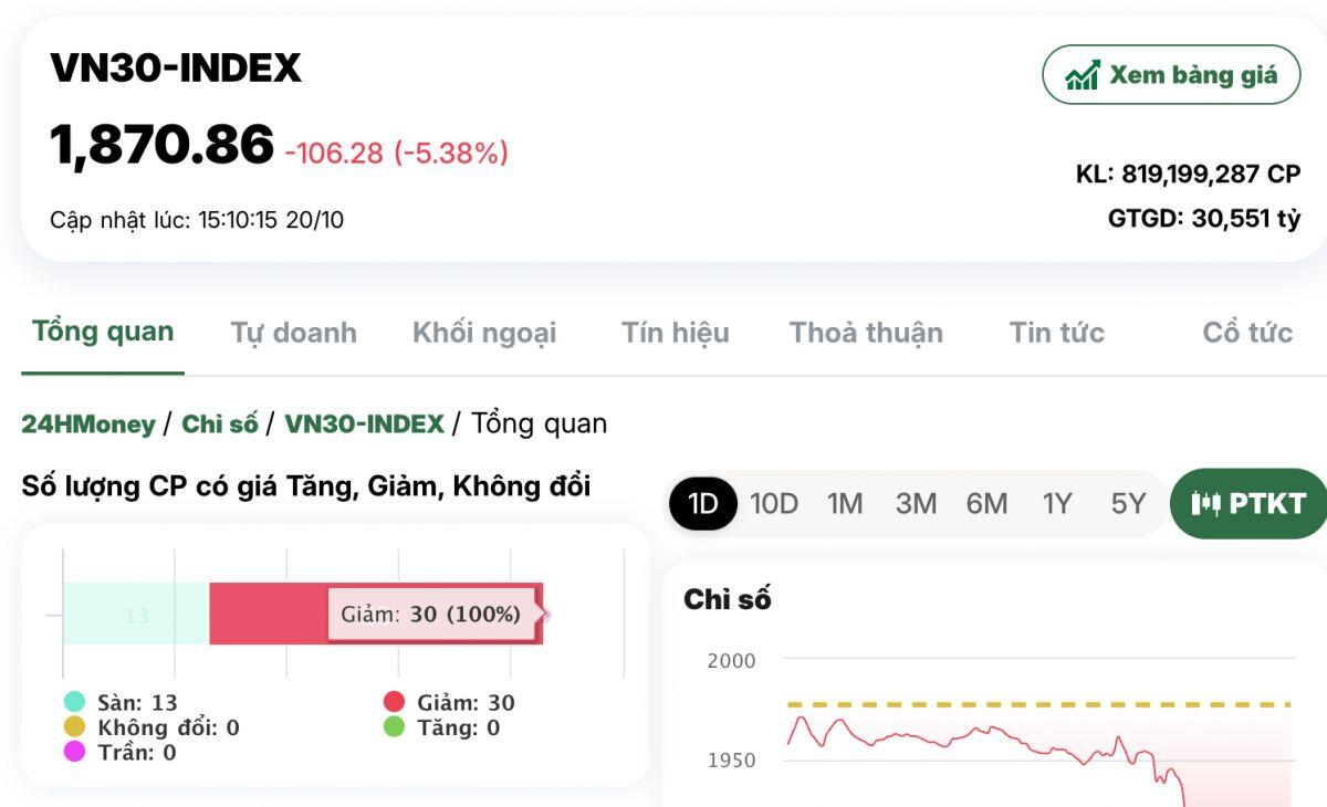 VN30 giảm hơn 100 điểm