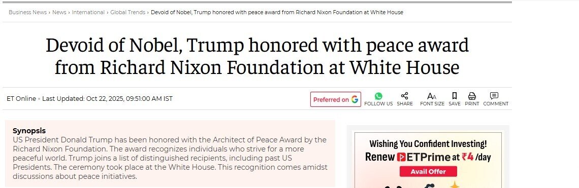 Trượt Nobel hòa bình, ông Trump nhận giải thưởng "Kiến trúc sư Hòa bình"