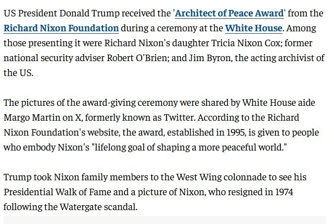 Trượt Nobel hòa bình, ông Trump nhận giải thưởng "Kiến trúc sư Hòa bình"