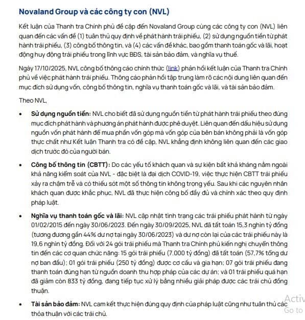 Vietcap: Đợt rà soát trái phiếu của TTCP sẽ không ảnh hưởng thêm đến hoạt động kinh doanh của NVL