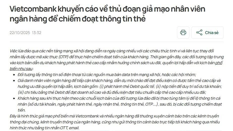 Vietcombank lên tiếng vụ khách mất tiền sau khi nhận thẻ mới: Đã khóa thẻ, tra soát và báo cơ quan chức năng