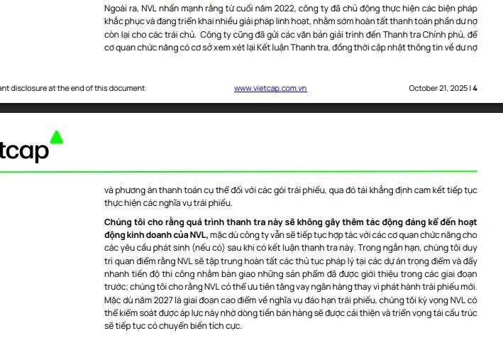 Vietcap: Đợt rà soát trái phiếu của TTCP sẽ không ảnh hưởng thêm đến hoạt động kinh doanh của NVL