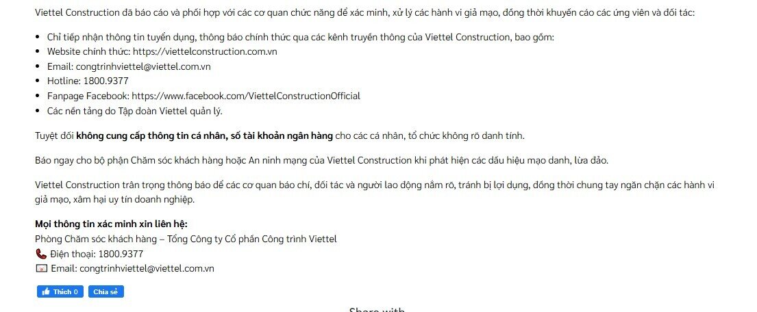 Viettel Construction (CTR) đưa ra cảnh báo mới