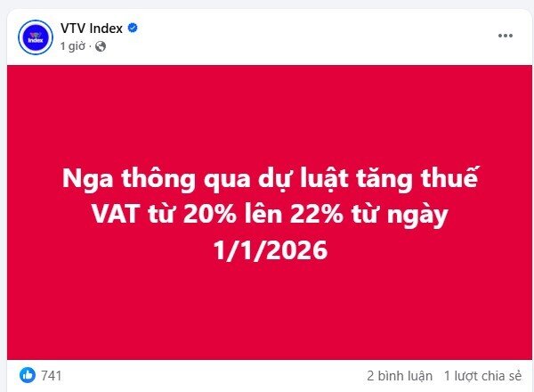 Nga thông qua dự luật tăng thuế VAT lên 22% từ ngày 1/1/2026