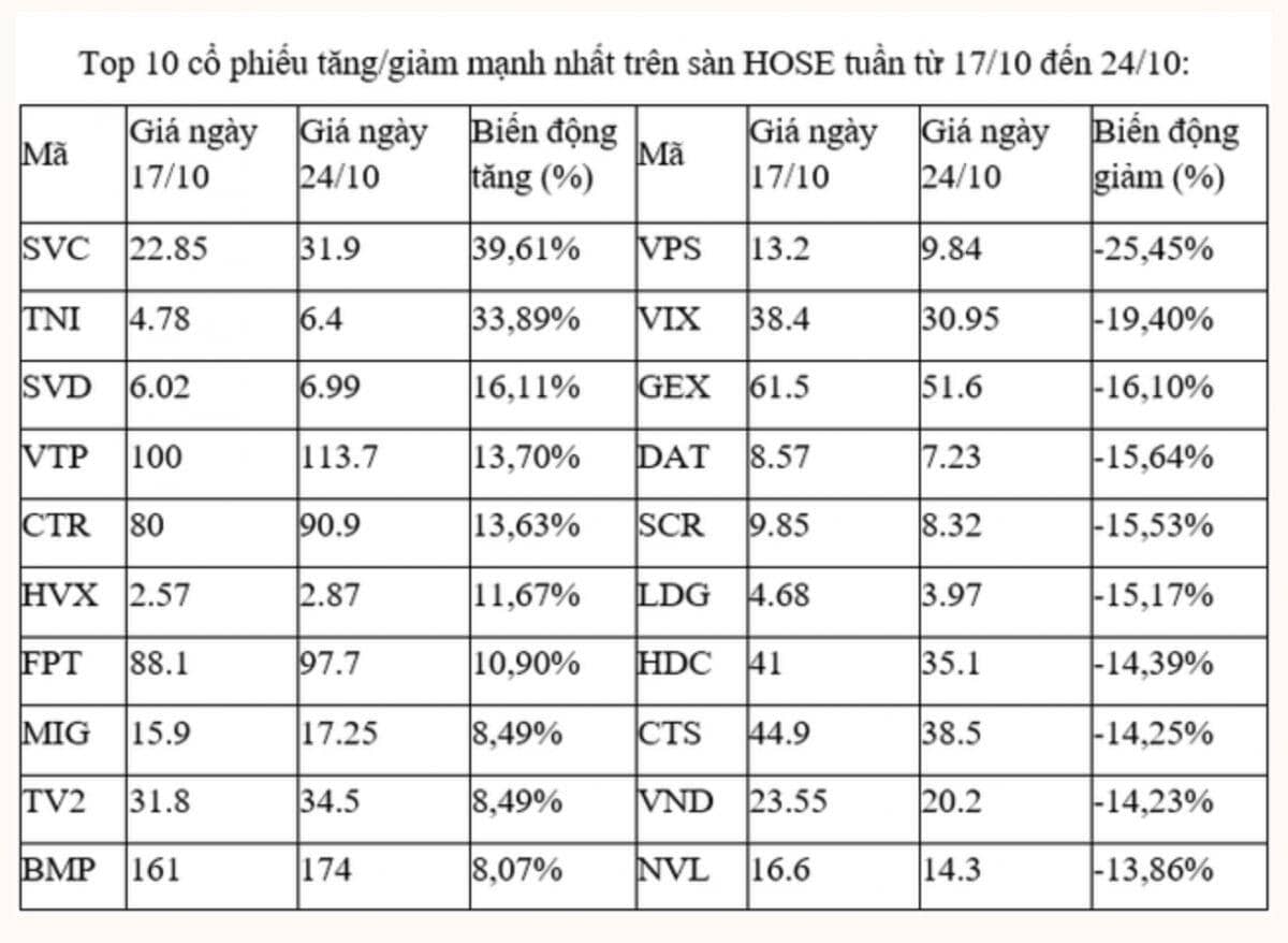 10 cổ phiếu tăng/giảm mạnh nhất sàn HoSE tuần 17-24/10