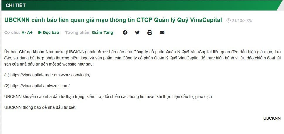 UBCKNN cảnh báo website giả mạo VinaCapital