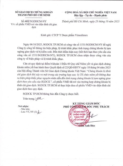 Cổ phiếu VMD vào diện đình chỉ giao dịch