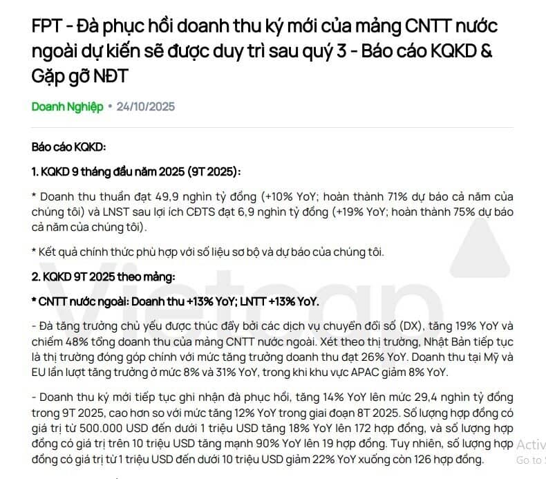 Vietcap: Doanh thu ký mới mảng CNTT nước ngoài của FPT tiếp tục phục hồi