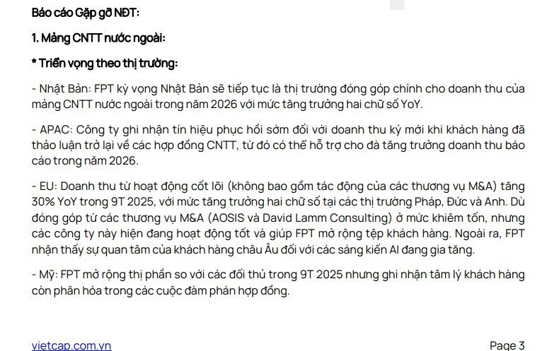 Vietcap: Doanh thu ký mới mảng CNTT nước ngoài của FPT tiếp tục phục hồi