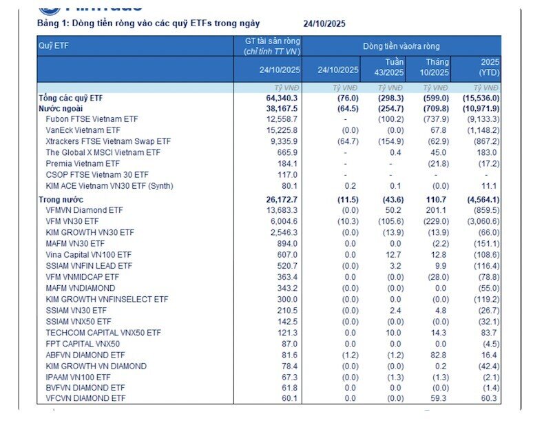 Các quỹ ETF rút ròng 15.500 tỷ từ đầu năm