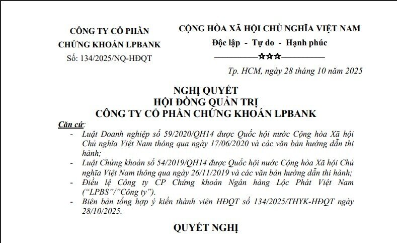LPBS triệu tập ĐHĐCĐ bất thường lần thứ 4 bầu thành viên HĐQT