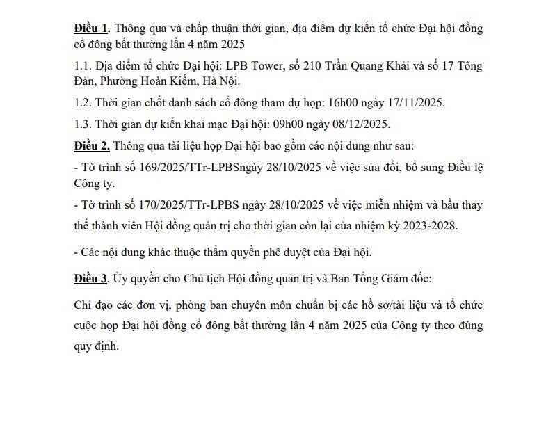 LPBS triệu tập ĐHĐCĐ bất thường lần thứ 4 bầu thành viên HĐQT