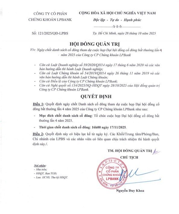 LPBS triệu tập ĐHĐCĐ bất thường lần thứ 4 bầu thành viên HĐQT