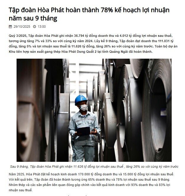 Hòa Phát lãi hơn 4.000 tỷ trong quý 3, tăng 33% so với cùng kỳ