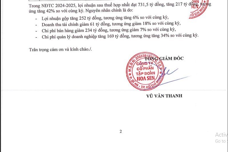 Lợi nhuận sau thuế niên độ 2024 - 2025 của Hoa Sen đạt 732 tỷ đồng